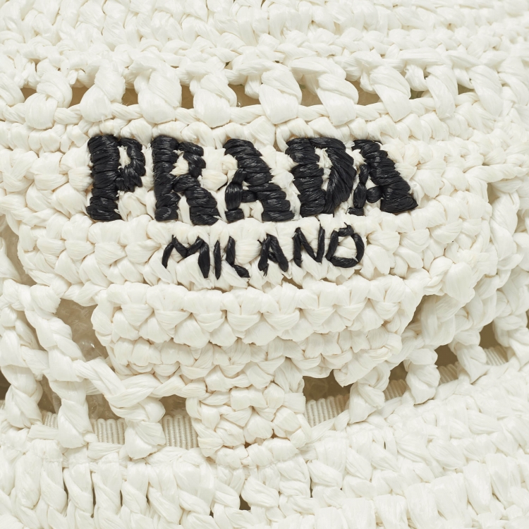 Pre Owned Prada White Raffia Crochet Bucket Hat M