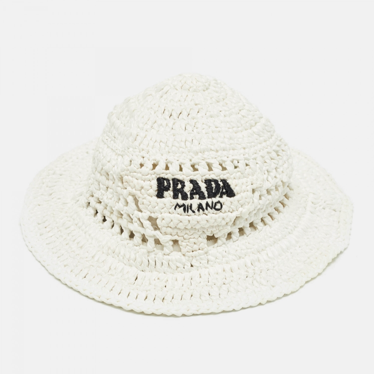 Pre Owned Prada White Raffia Crochet Bucket Hat M