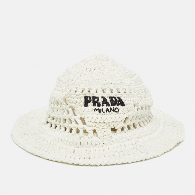 Pre Owned Prada White Raffia Crochet Bucket Hat M