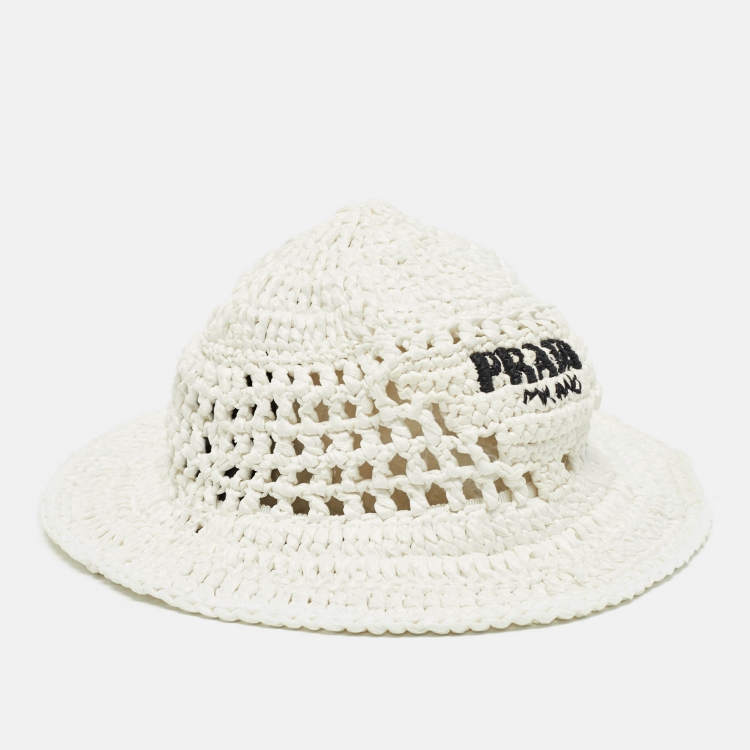 Pre Owned Prada White Raffia Crochet Bucket Hat M