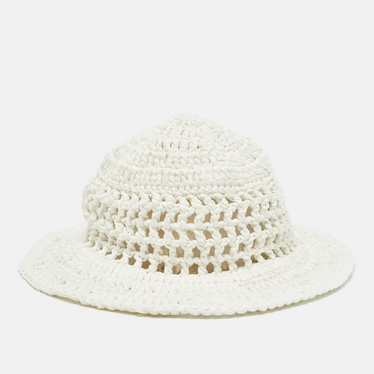 Pre Owned Prada White Raffia Crochet Bucket Hat M