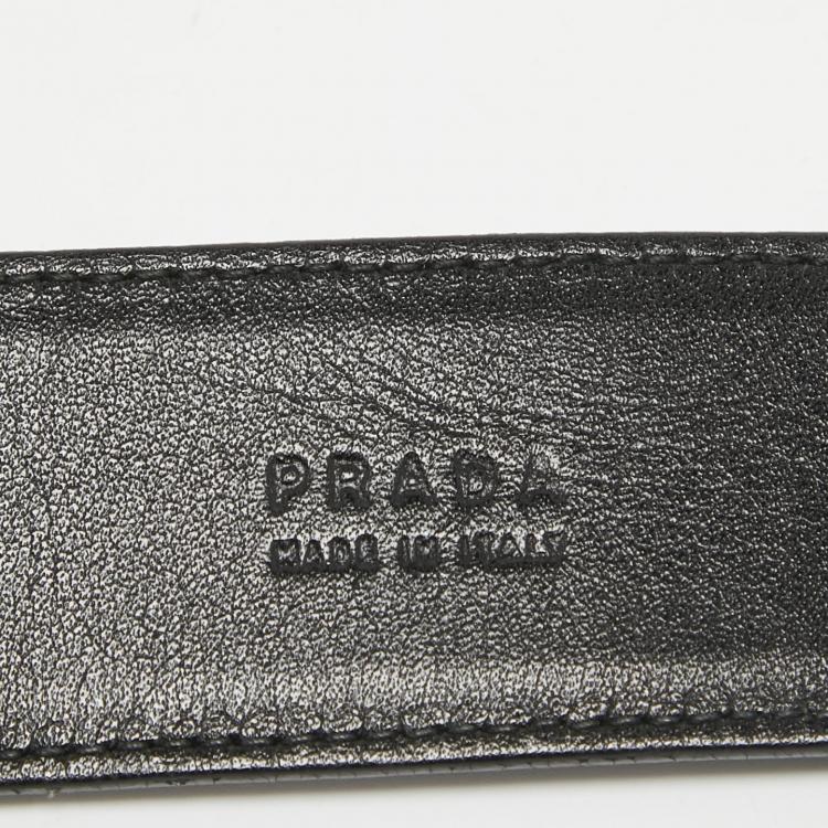 Pre Owned Prada Black Leather Logo Plague Buckle Belt 