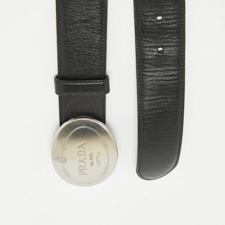 Pre Owned Prada Black Leather Logo Plague Buckle Belt 