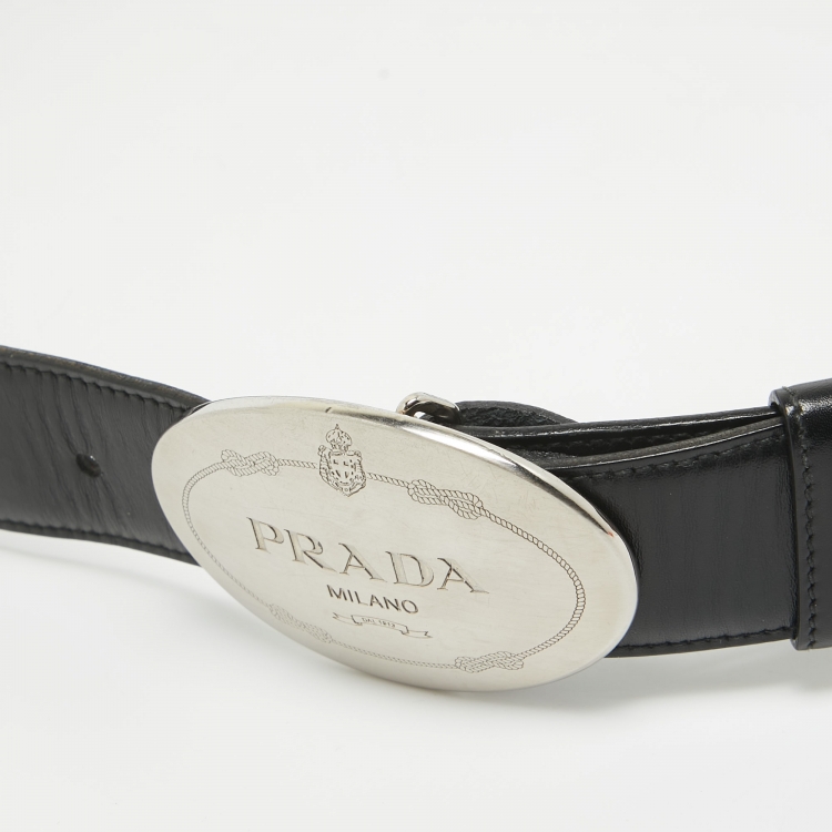 Pre Owned Prada Black Leather Logo Plague Buckle Belt 