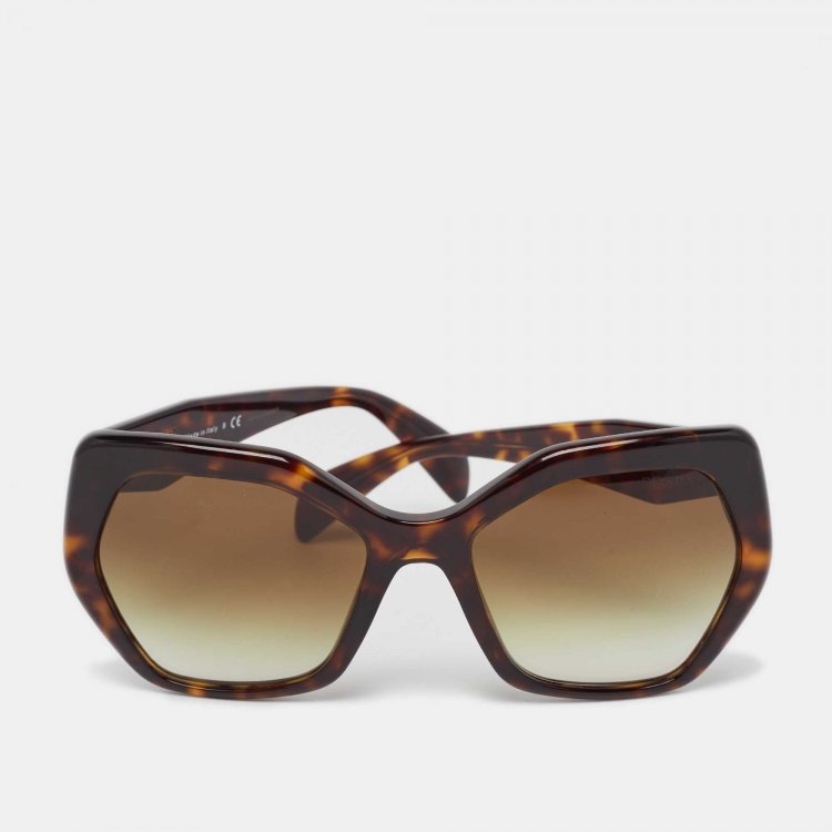 Pre Owned Prada Brown Gradient Tortoise Frame SPR 16R Hexagonal Sunglasses