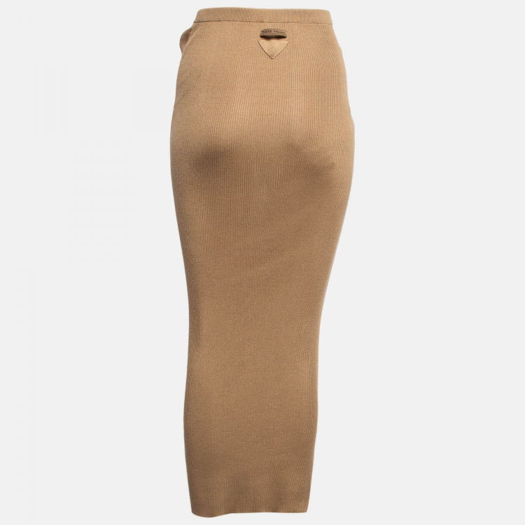 Pre Owned Prada Beige Rib Knit Midi Skirt S
