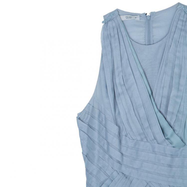 Pre Owned Prada Light Blue Cotton Gathered Dress M