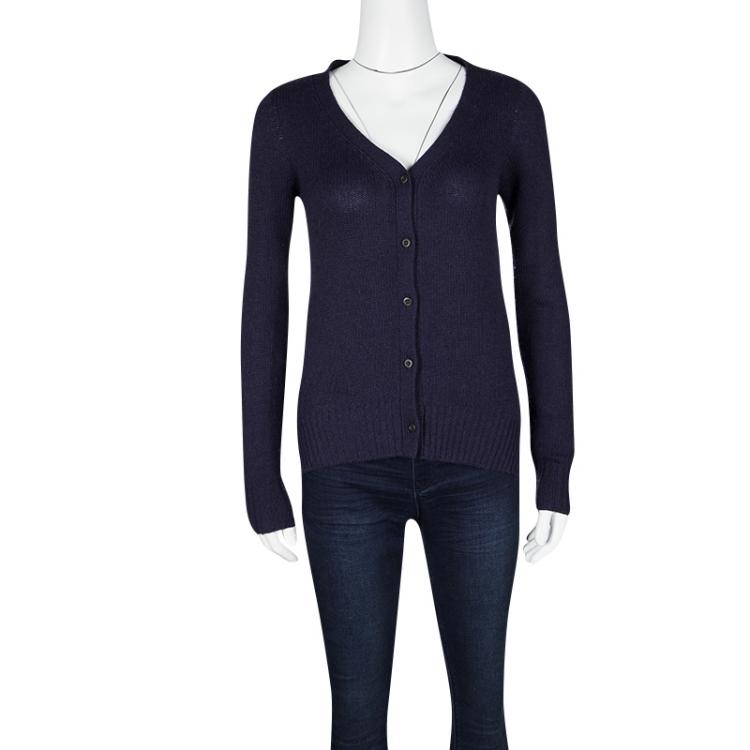 Pre Owned Prada Blue Knit Suede Patch Detail Button Front Long Sleeve Cardigan M