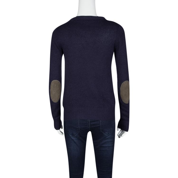 Pre Owned Prada Blue Knit Suede Patch Detail Button Front Long Sleeve Cardigan M