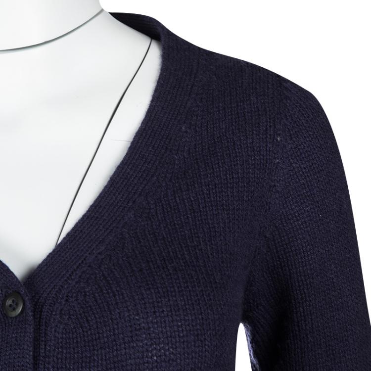 Pre Owned Prada Blue Knit Suede Patch Detail Button Front Long Sleeve Cardigan M