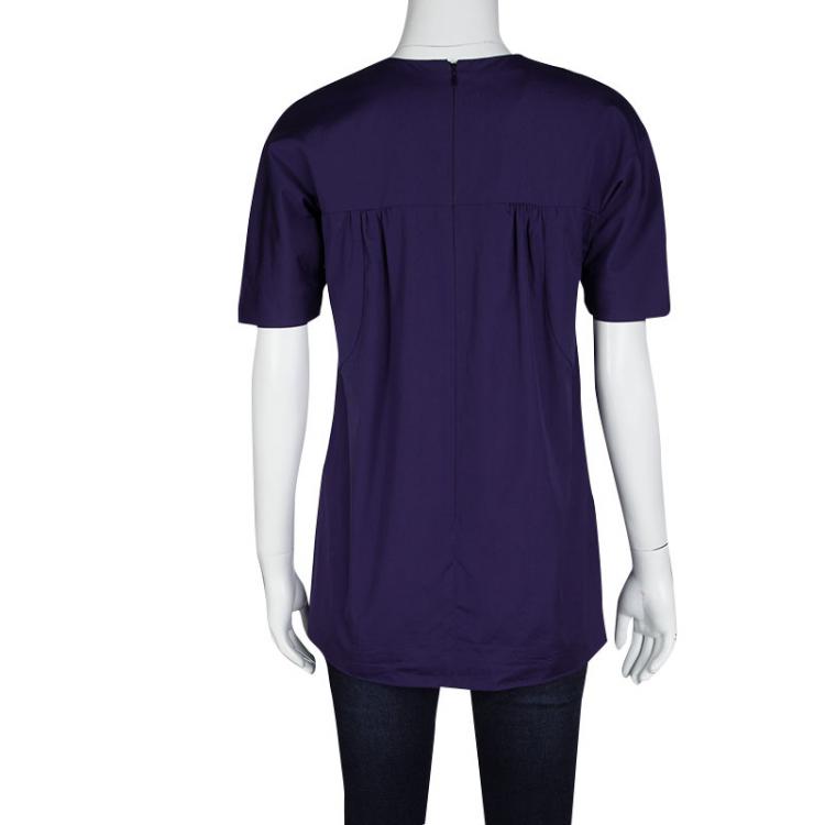 Pre Owned Prada Purple Printed Yoke Detail Short Sleeve Cotton Blouse S