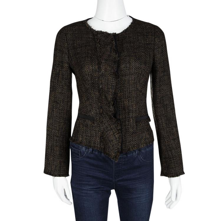 Pre Owned Prada Vintage Brown and Black Textured Fringed Edge Zip Front Jacket S