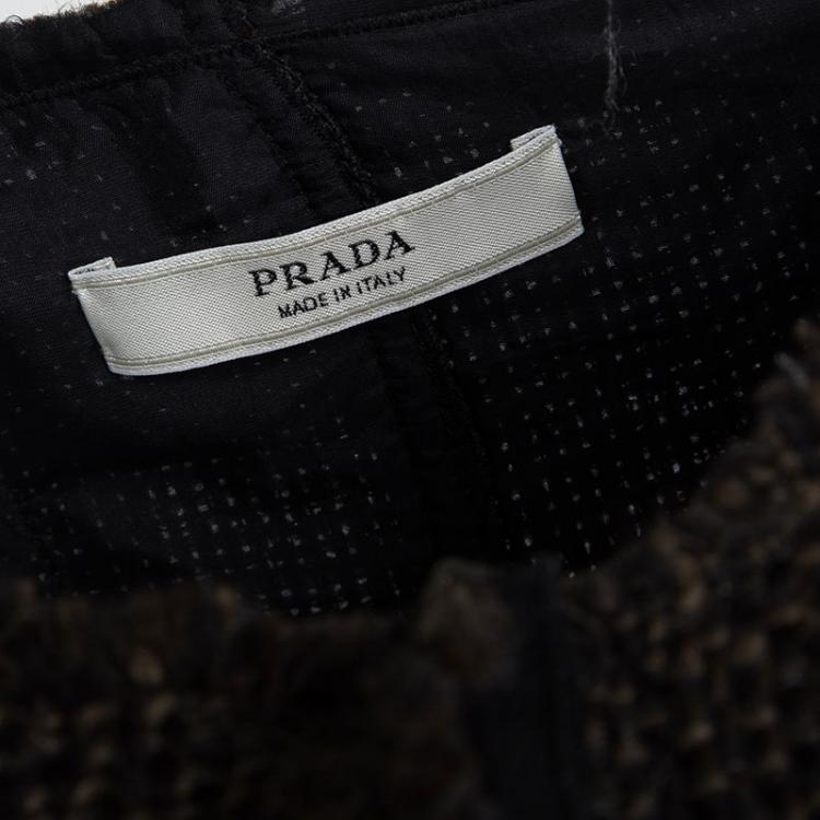 Pre Owned Prada Vintage Brown and Black Textured Fringed Edge Zip Front Jacket S