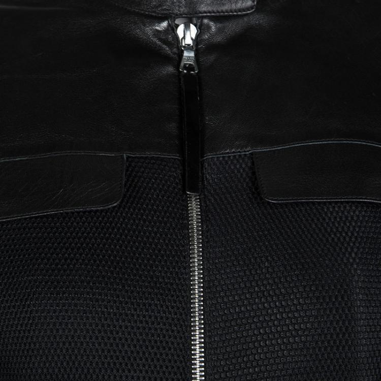 Pre Owned Prada Black Leather Yoke Detail Zip Front Mesh Jacket S