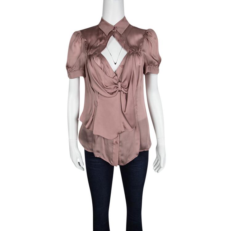 Pre Owned Prada Dull Pink Silk Draped Front Detail Short Sleeve Shirt L