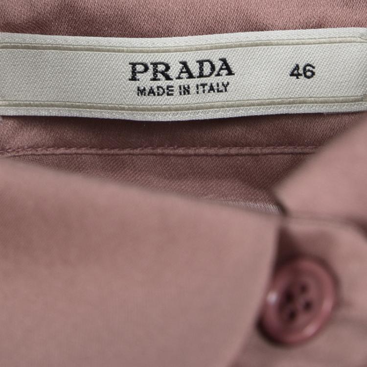 Pre Owned Prada Dull Pink Silk Draped Front Detail Short Sleeve Shirt L