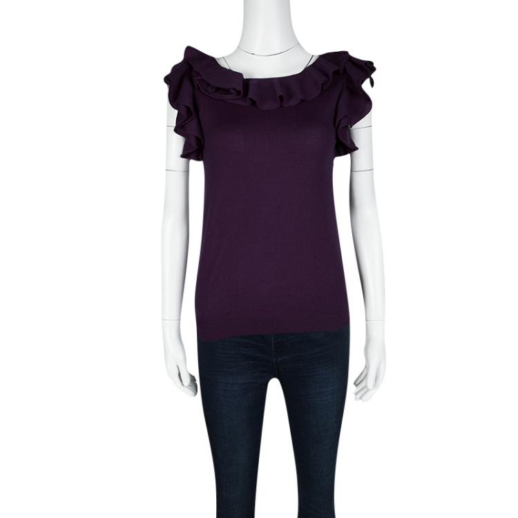 Pre Owned Prada Purple Wool Ruffle Detail Sleeveless Top M