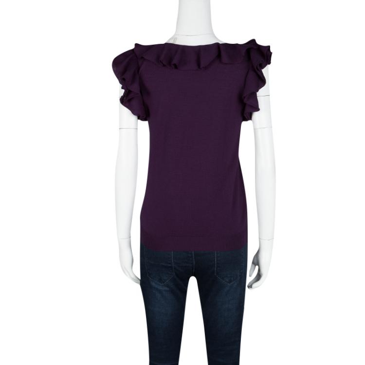 Pre Owned Prada Purple Wool Ruffle Detail Sleeveless Top M