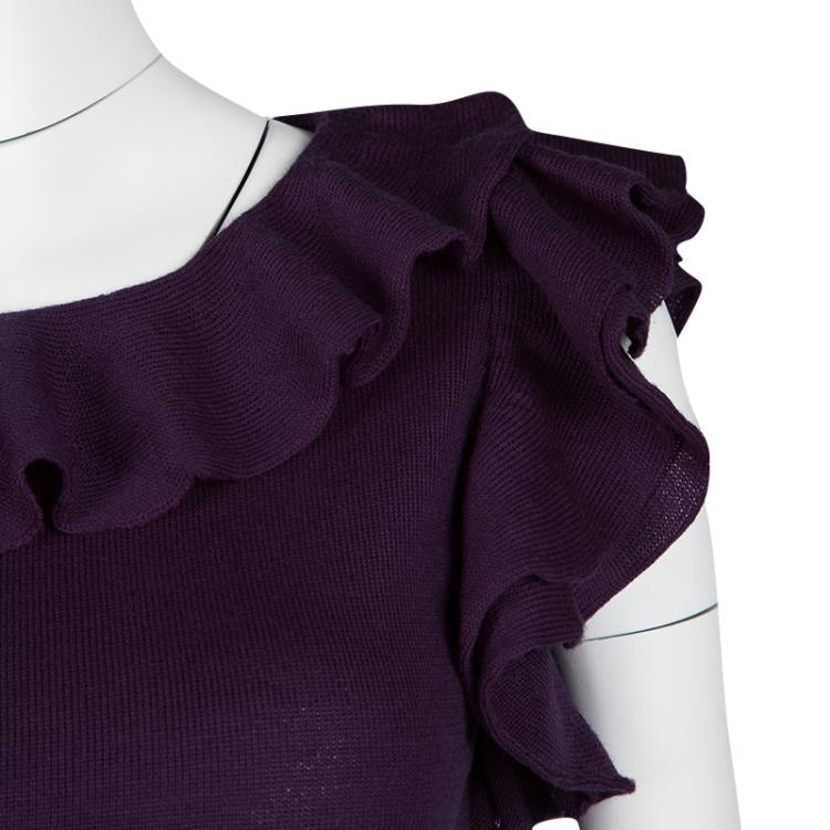 Pre Owned Prada Purple Wool Ruffle Detail Sleeveless Top M