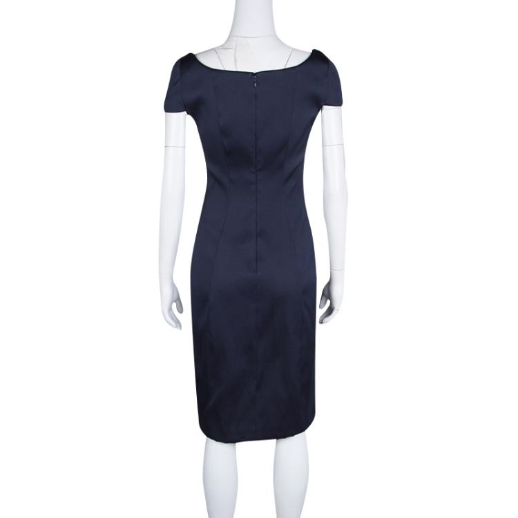 Pre Owned Prada Navy Blue Satin Cap Sleeve Fitted Sheath Dress L