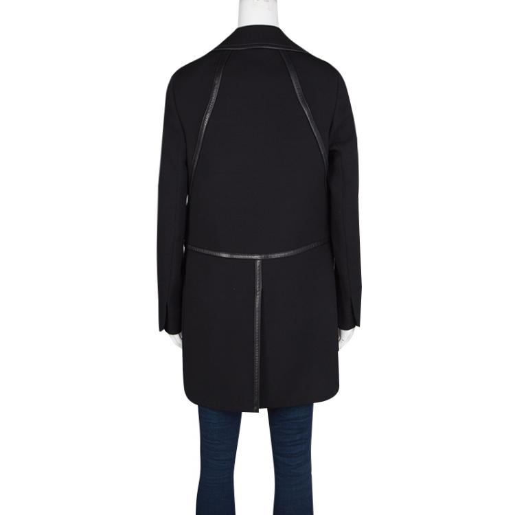 Pre Owned Prada Black Wool Leather Trim Coat S