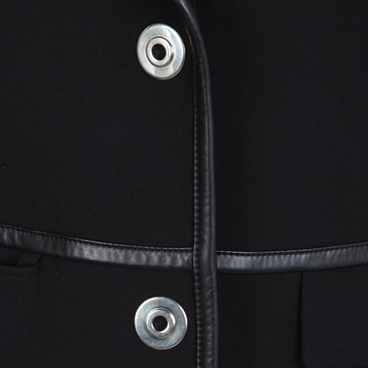 Pre Owned Prada Black Wool Leather Trim Coat S