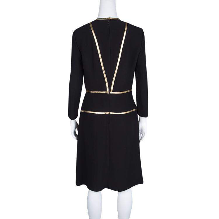 Pre Owned Prada Black Contrast Gold Leather Trim Long Sleeve Dress M