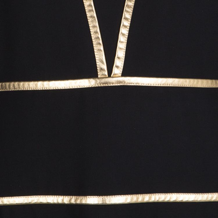 Pre Owned Prada Black Contrast Gold Leather Trim Long Sleeve Dress M