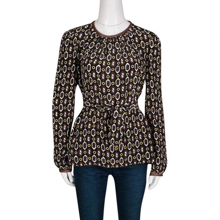 Pre Owned Prada Multicolor Printed Silk Leather Trim Long Sleeve Belted Blouse M 