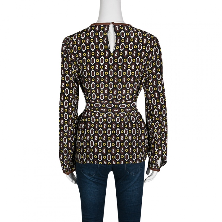 Pre Owned Prada Multicolor Printed Silk Leather Trim Long Sleeve Belted Blouse M 