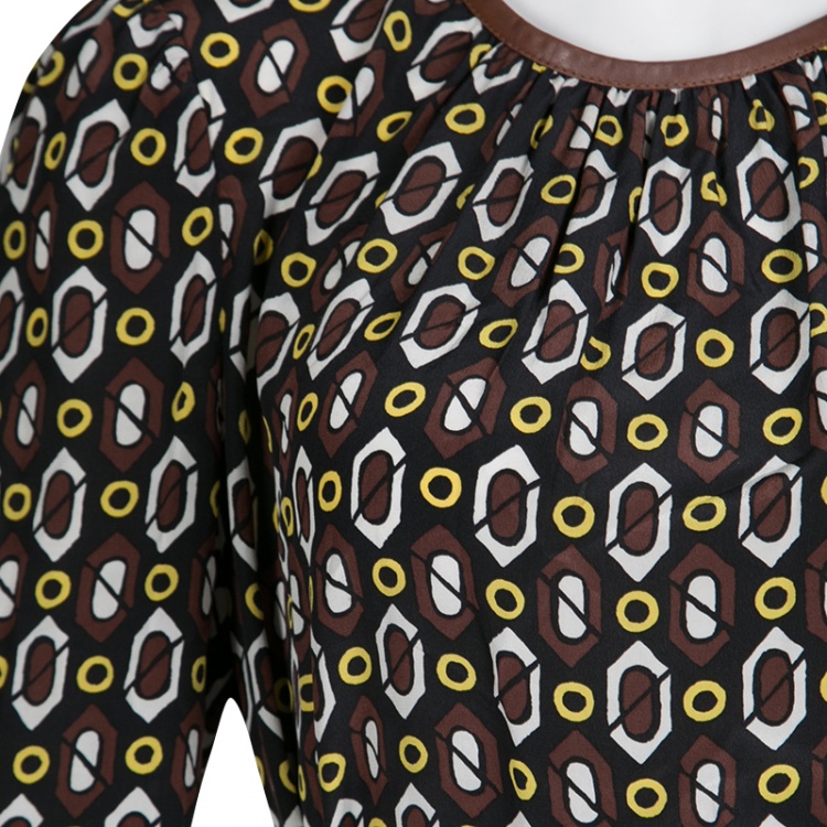 Pre Owned Prada Multicolor Printed Silk Leather Trim Long Sleeve Belted Blouse M 