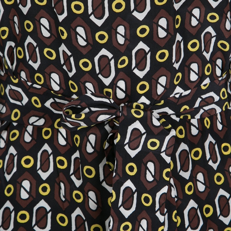 Pre Owned Prada Multicolor Printed Silk Leather Trim Long Sleeve Belted Blouse M 