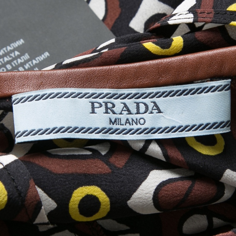 Pre Owned Prada Multicolor Printed Silk Leather Trim Long Sleeve Belted Blouse M 
