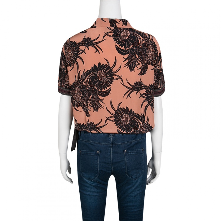 Pre Owned Prada Peach Tropical Floral Printed Silk Crop Top L