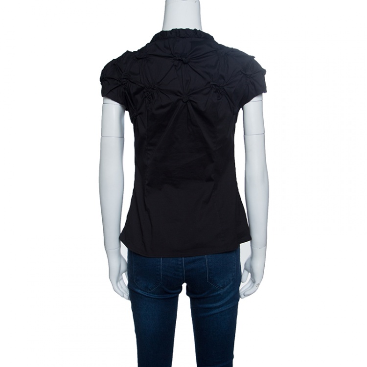 مملوكة مسبقًا Prada Black Smocked Cotton Cap Sleeve Button Front Top S