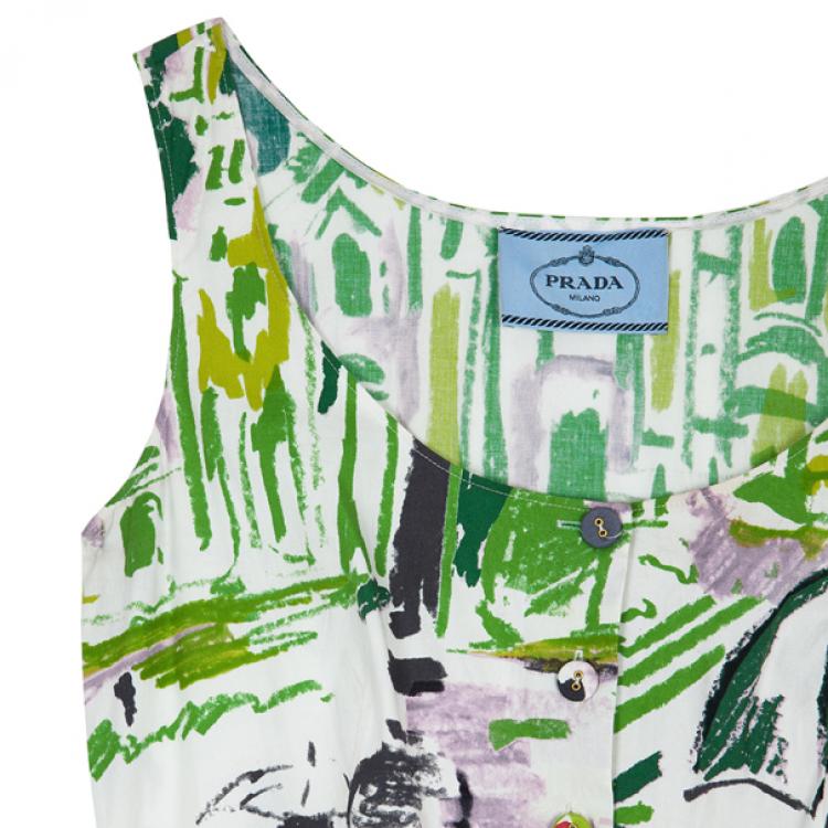 Pre Owned Prada Le Voyageur 2012 Postcard Print Cotton Dress S