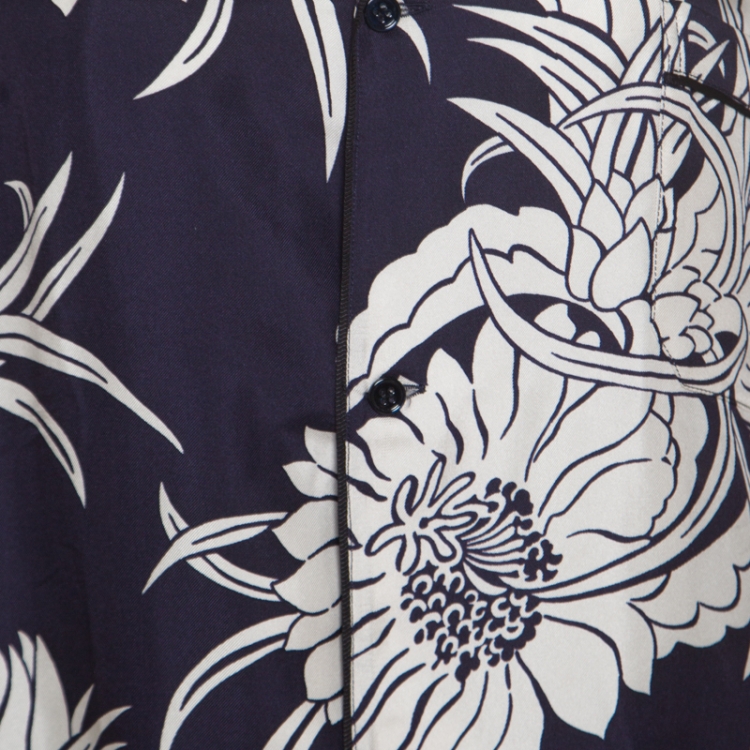 Pre Owned Prada Navy Blue Tropical Floral Printed Silk Button Front Pyjama Shirt XL