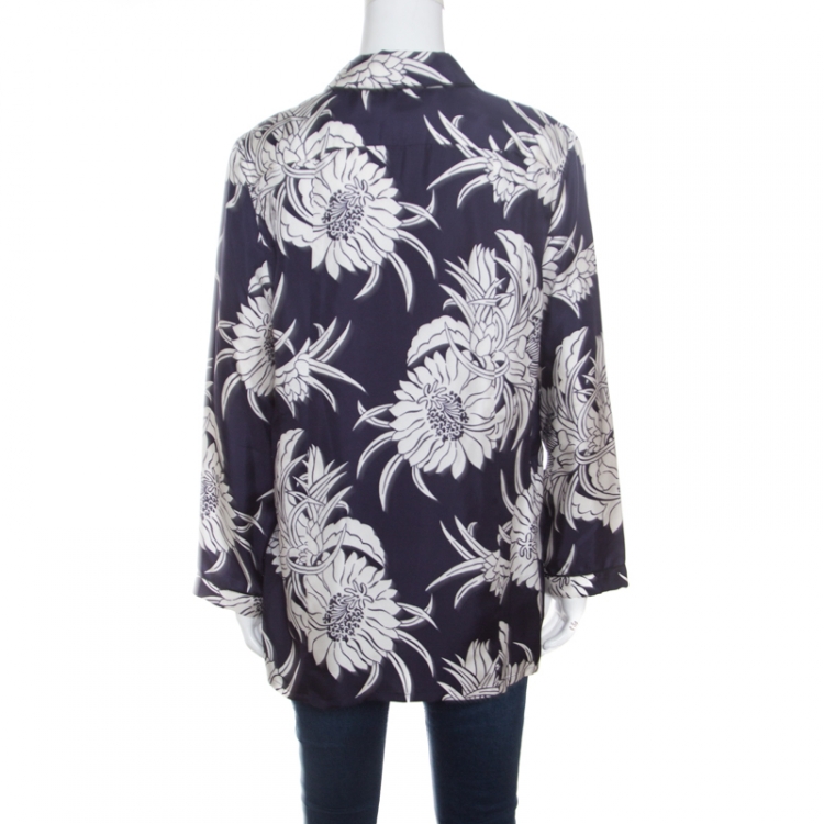 Pre Owned Prada Navy Blue Tropical Floral Printed Silk Button Front Pyjama Shirt XL