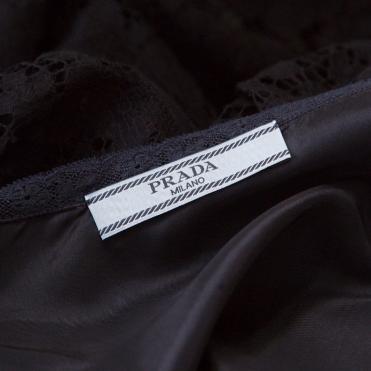 Pre Owned Prada Navy Blue Floral Lace Ruffled Sleeveless Dress S