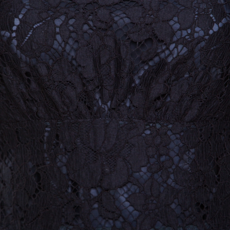 Pre Owned Prada Navy Blue Floral Lace Ruffled Sleeveless Dress S