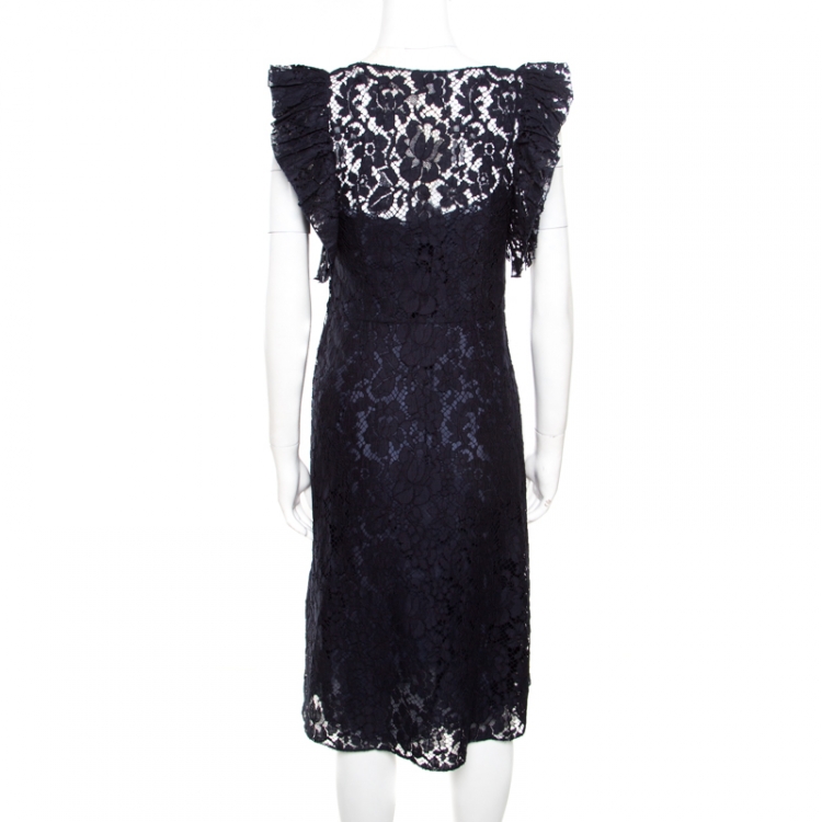 Pre Owned Prada Navy Blue Floral Lace Ruffled Sleeveless Dress S