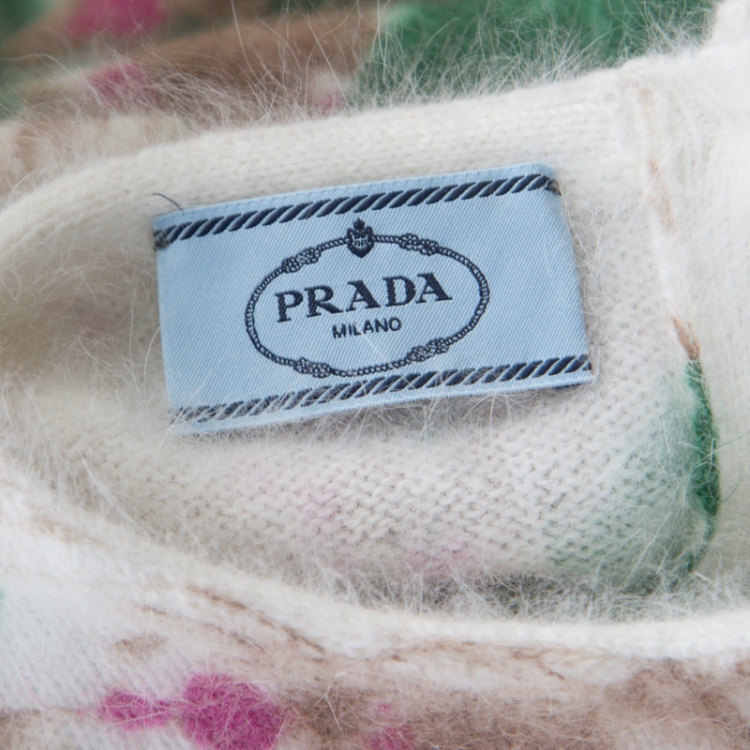 Pre Owned Prada Off White Floral Intarsia Pattern Fuzzy Angora Sweater M