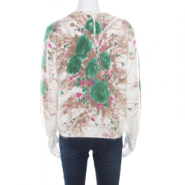 Pre Owned Prada Off White Floral Intarsia Pattern Fuzzy Angora Sweater M