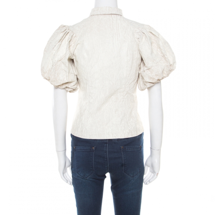 Pre Owned Prada Beige Coated Linen Puffed Sleeve Blouse S