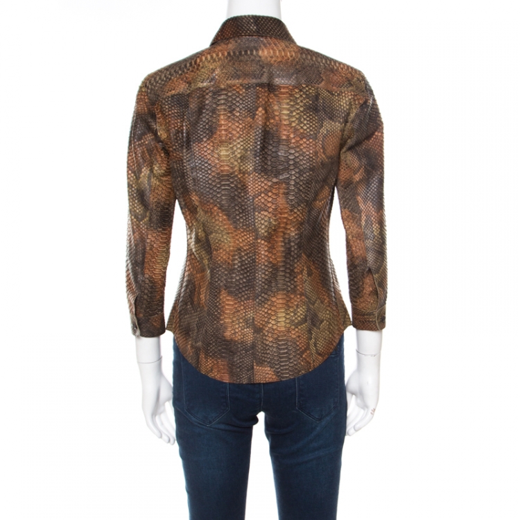 Pre Owned Prada Brown Python Leather Button Front Long Sleeve Shirt M