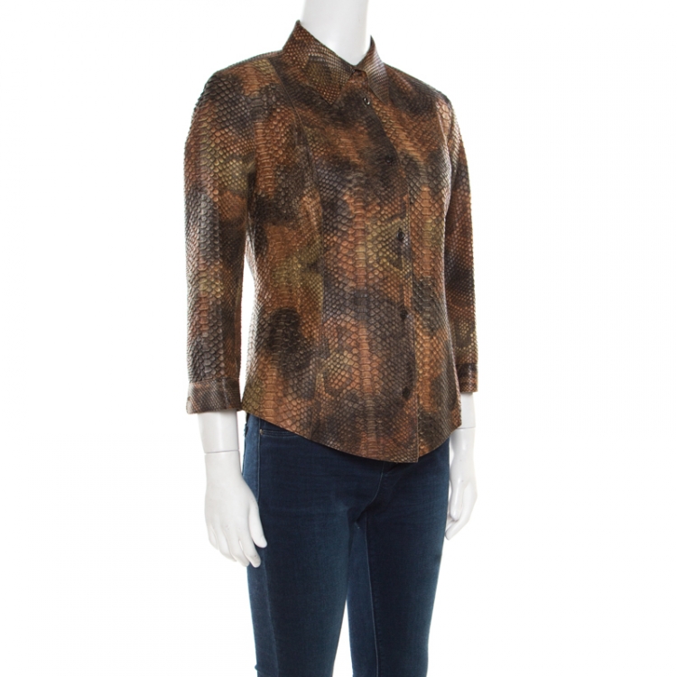 Pre Owned Prada Brown Python Leather Button Front Long Sleeve Shirt M