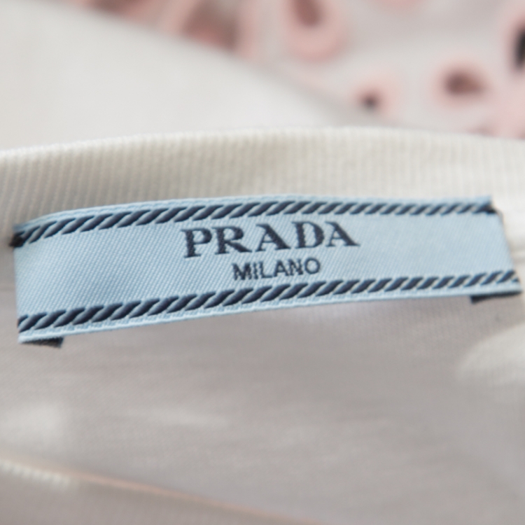 Pre Owned Prada White and Pink Eyelet Floral Embroidered Sleeveless Top S