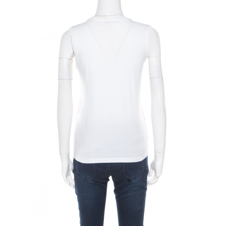 Pre Owned Prada White and Pink Eyelet Floral Embroidered Sleeveless Top S