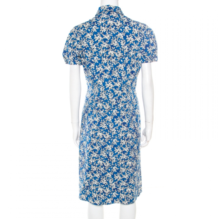 Pre Owned Prada Shaded Blue Floral Print Stretch Cotton Shirt Dress M