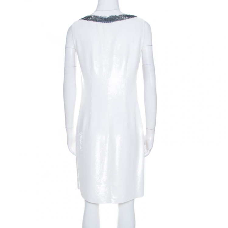 Pre Owned Prada Off White Sequined Silk Sleeveless Shift Dress S